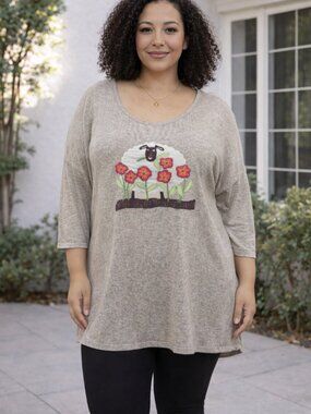 Cactus + Pearl Boho Tunic Sheep Floral Applique 3/4 Sleeve Soft Knit Top Tan XXL